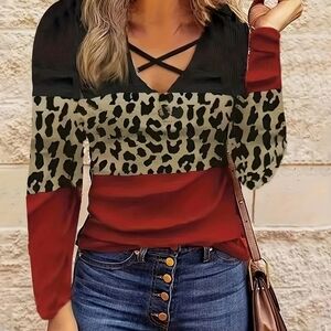 Leopard Print Colorblock Top - Black and Red